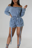 namcoverse Solid Color Washed Denim Cozy Pocket Romper