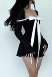 namcoverse Square Neck Bow Tie Striped Long Sleeve Mini Dress