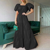 Namcoverse Fashion Solid Color Elegant Button Summer Bohemian Puff Sleeve Beach Party Maxi Dress