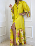 Namcoverse Elegant Balloon Sleeve Fashion Lapel Bohemian Print Shirt Maxi Dress