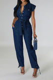 namcoverse Solid Color On-trend Strappy Belted Denim Jumpsuit