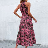 Namcoverse Elegant Floral Print Slim O Neck Sleeveless Halter Dress