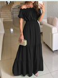 Namcoverse Women's Slant Collar Solid Color Casual Loose Ruffle Beach Party Elegant Maxi Dress