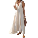 Namcoverse Women's Loose Holiday Beach Solid Color Sleeveless V Neck Tie Maxi Dress