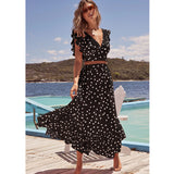 Namcoverse V-neck Ruffles Sleeves Dot Print 2 Pieces Set Elastic Long Skirts