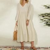 Namcoverse Women's Fashion Solid Color Casual Party Cotton Long Sleeve Maxi Dress