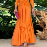 Namcoverse Elegant Solid Color V Neck Ruffle Waist Long Sleeve Maxi Dress