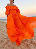 Namcoverse Fashion Puff Sleeve Pleated Solid Color Elegant Off Shoulder Beach Party Maxi Dress