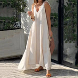 Namcoverse Elegant Swing Beach Solid Color Loose V-Neck Fashion Maxi Dress