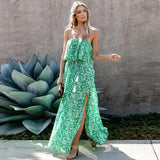 Namcoverse Fashion Print Ruffle Backless Slit Summer Beach Casual Maxi Dress