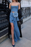 namcoverse 3D Flower Decor Romantic Side Train Denim Skirt Suit