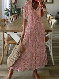 Namcoverse Elegant V Neck Tassel Loose Printed Boho Style Hollow Lace Maxi Dress