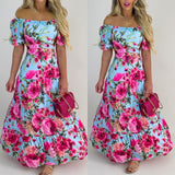 Namcoverse Casual Slash Collar All Over Print Floral Off Shoulder Maxi A-line Maxi Dress