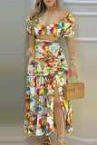 Namcoverse Fashion Off-Shoulder Sweet Printed Pattern Hollow High Waist Ruched Maxi Dress