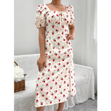 Namcoverse Holiday Summer Printed A-Line Design Square Neck Puff Sleeve High Waist Fashion Maxi Dress