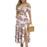 Namcoverse Fashion Off-Shoulder Sweet Printed Pattern Hollow High Waist Ruched Maxi Dress