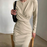 Namcoverse Casual Solid Color O Neck Party Elegant Long Sleeve Pleated Fashion Slit Body Maxi Dress