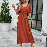 Namcoverse Elegant V-Neck Short Flare Sleeves Elastic High Waist Maxi Dress