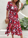 Namcoverse Print Ruffle Retro Elegant V Neck Button Tie Party Maxi Dress