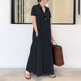 Namcoverse Summer Casual Fashion Ladies Cotton Linen Solid Color Lapel Pocket Simple Shirt Maxi Dress