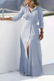 Namcoverse Summer Fashion Bohemian Stripe Lapel Button Tie Loose Casual Maxi Dress