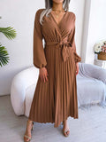 Namcoverse Elegant Spring Pleated Long Sleeve V Neck Maxi Dress