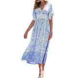 Namcoverse Women's Boho Swing Elegant Slit V Neck Lace Floral Party Maxi Dress