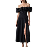 Namcoverse Fashion Solid Color Puff Sleeve Tie Slim Maxi Dress