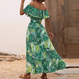 Namcoverse Trendy Holiday Ruffle Print Slant Neck Vintage Loose Off Shoulder Lace Up Boho Maxi Dress