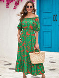 Namcoverse Summer Fashion Print Off Shoulder A-Line Holiday Beach Party Maxi Dress