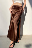 namcoverse Brown Satin Low-Rise Slit Midi Skirt