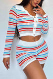 namcoverse Contrast Striped Lapel Knitted Shorts Two Piece Set