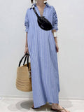 Namcoverse Summer Fashion Lapel Temperament Striped Loose Cotton Linen Cardigan Shirt Maxi Dress