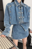 namcoverse Solid Color Button Design On-trend Denim Coat & Skirt