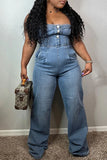 namcoverse Solid Color Bandeau Classic Denim Jumpsuit