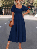 Namcoverse Elegant Fashion Square Neck Short Puff Sleeve Casual Maxi Dress