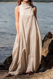 Namcoverse Women's Fashion Stand Collar Linen Beach Sleeveless Backless Maxi Dress