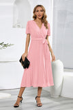 Namcoverse Summer V-neck Puff Sleeve Pleated Pure Color Slim Midi Dress