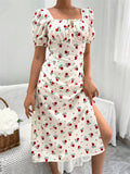 Namcoverse Holiday Summer Printed A-Line Design Square Neck Puff Sleeve High Waist Fashion Maxi Dress