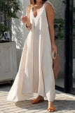 Namcoverse Elegant Swing Beach Solid Color Loose V-Neck Fashion Maxi Dress