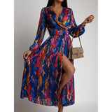 Namcoverse Fashion Vintage Print Long Sleeve Boho Beach V Neck Party Elegant Maxi Dress