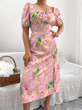 Namcoverse Holiday Summer Printed A-Line Design Square Neck Puff Sleeve High Waist Fashion Maxi Dress