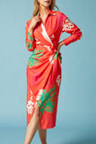 Namcoverse Summer Fashion Print Lapel Tie Party Pleated Maxi Dress