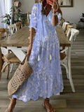 Namcoverse Elegant V Neck Tassel Loose Printed Boho Style Hollow Lace Maxi Dress