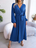 Namcoverse Elegant Spring Pleated Long Sleeve V Neck Maxi Dress