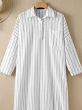 Namcoverse Summer Fashion Lapel Temperament Striped Loose Cotton Linen Cardigan Shirt Maxi Dress