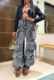 namcoverse Solid Color Punk Multi Pocket Wide Leg Jeans