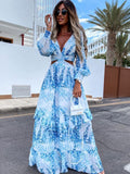 Namcoverse Sexy V-Neck Hollow Out Lantern Sleeve Beach Maxi Dress