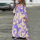 Namcoverse Women's Elegant V Neck Casual Printed Long Sleeve Loose Bohemian Maxi Dress