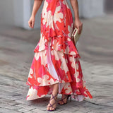 Namcoverse Women's V-neck High Waist Elegant Flower Print Puff Sleeve Holiday Maxi Dresses